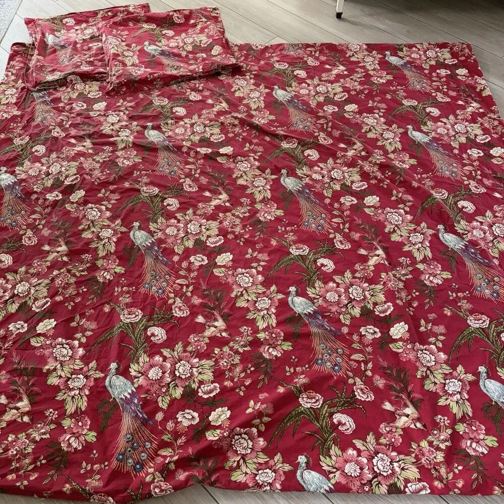 Pottery Barn Red Floral Bird Peacock KING Duvet W 2 Euro Shams Cotton